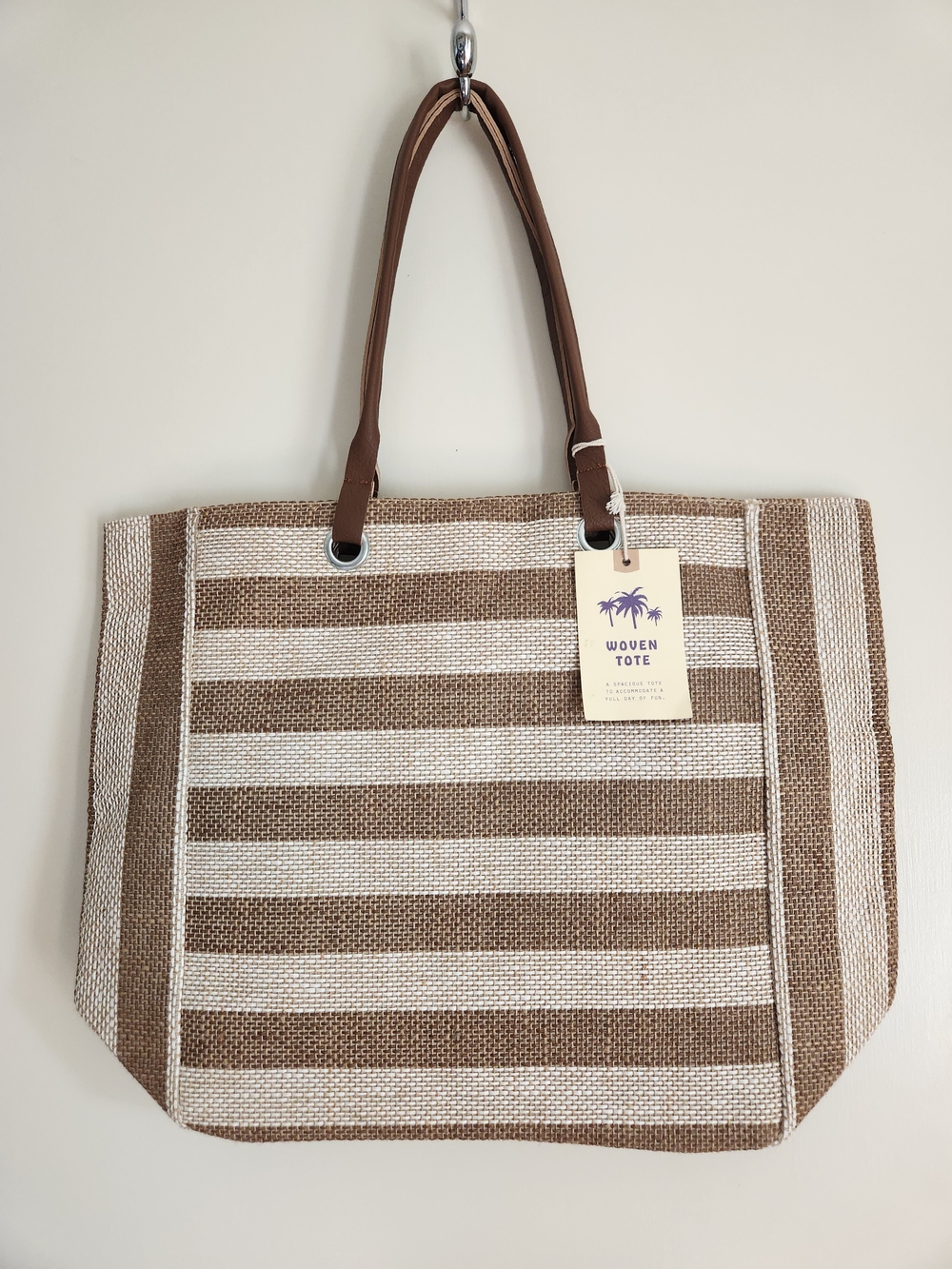 Striped Woven Tote Bag - Brown & Cream
